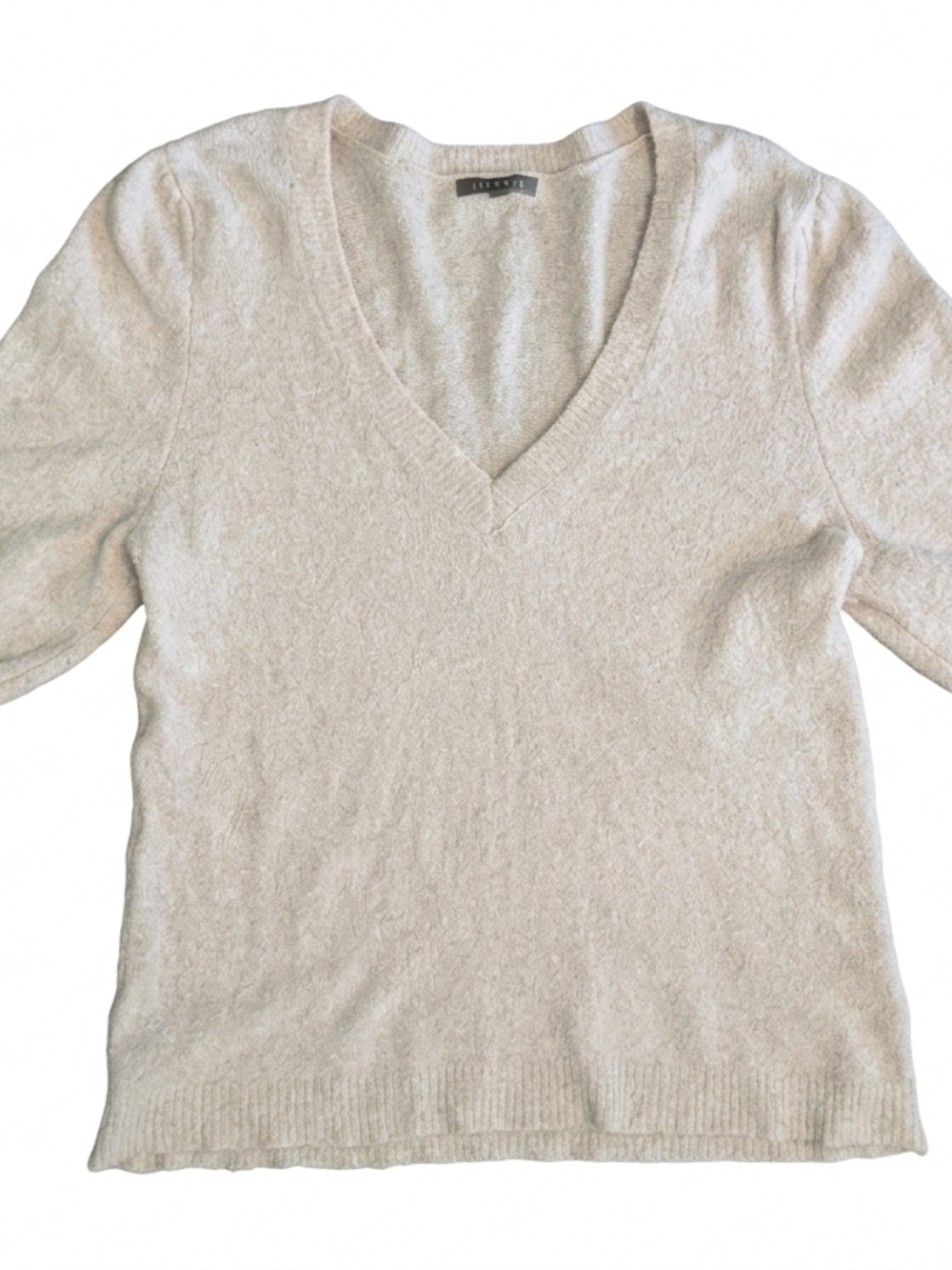 Lilla P Cashmere Blend V-Neck Sweater M Beige Puff Sleeve Ruffle Cuff Coquette